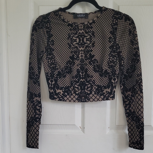 AKIRA Tops - AKIRA Black & Beige Long-Sleeve Ornate Crop Top